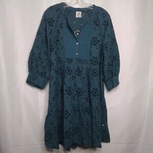 ANTHROPOLOGIE DRA YARA BABYDOLL TEAL COTTON EYELET MINI DRESS SIZE M